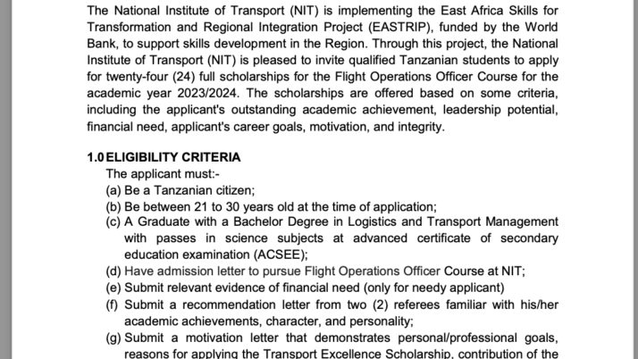 INVITATION TO APPLY FOR THE TRANSPORT EXCELLENCE SCHOLARSHIP FOR FLIGHT OPERATIONS OFFICER COURSE FOR THE ACADEMIC YEAR 2023/2024